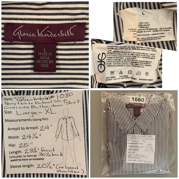 “Gloria Vanderbilt” Navy & White Railroad Stripe Cotton Button-down Shirt size L - Picture 12 of 13